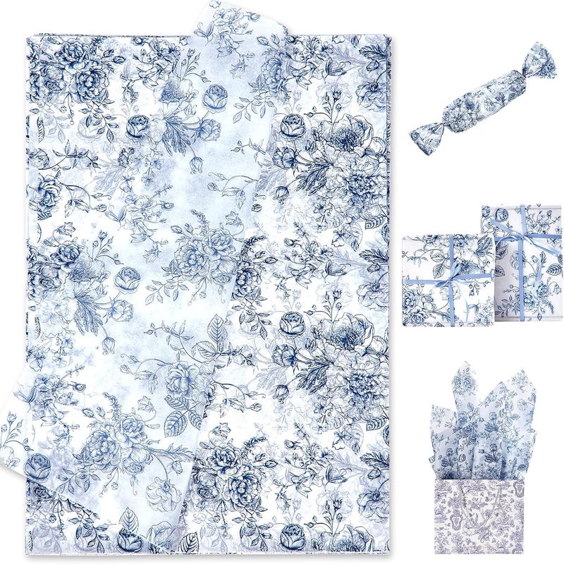 EROMAP 120 Sheets Blue Floral Tissue Paper Chinoiserie Gift Wrapping Paper Vintage Blue White Flowers Packaging Patterned Bulk for Baby Shower Wedding Birthday Party Decor, 14 x 20 Inch - Image 1